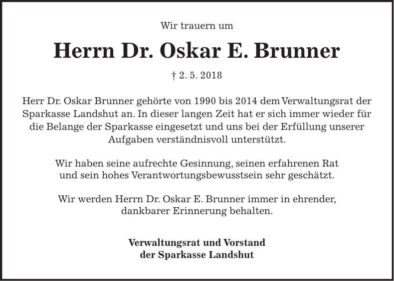 Traueranzeige Oskar Brunner