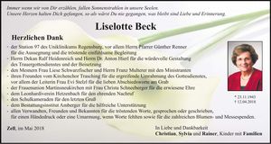 Traueranzeige Liselotte Beck