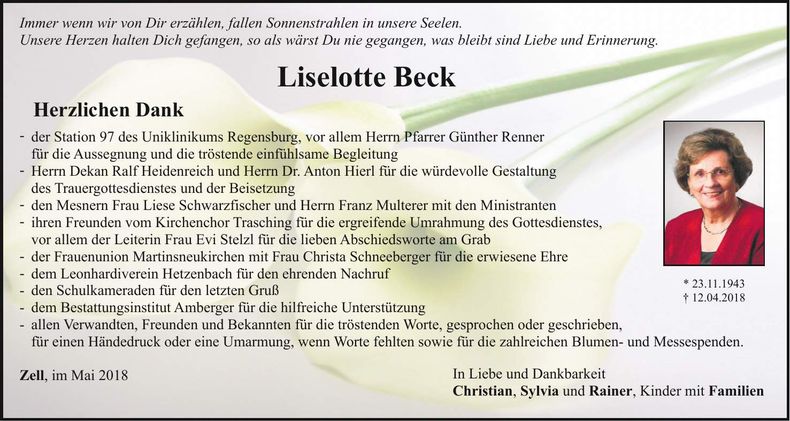 Traueranzeige Liselotte Beck