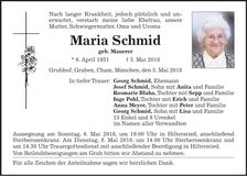 Traueranzeige Maria Schmid