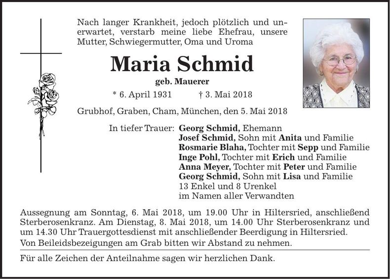 Traueranzeige Maria Schmid
