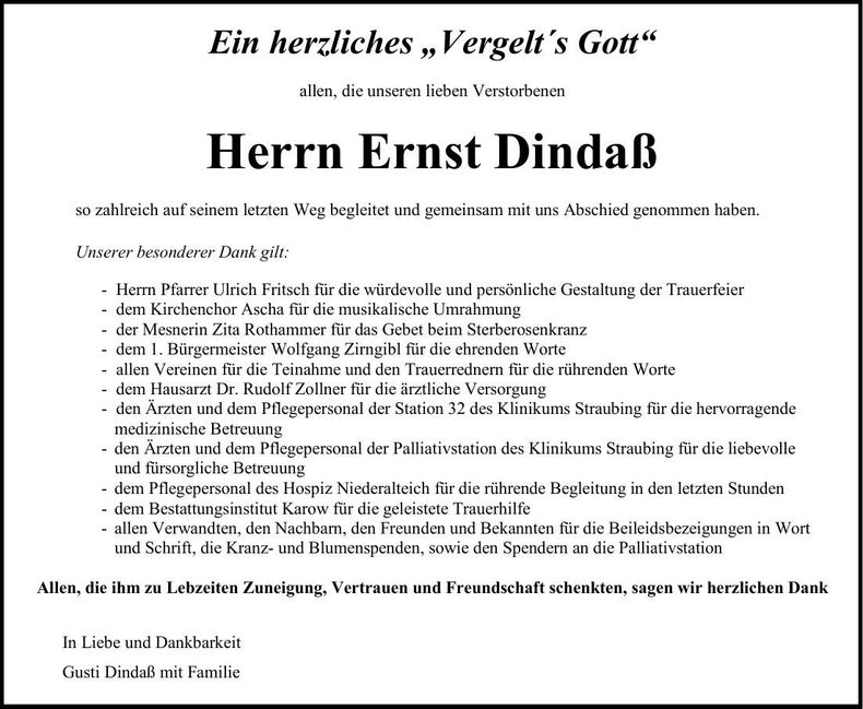 Traueranzeige Ernst Dindaß