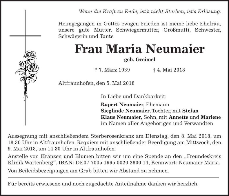 Traueranzeige Maria Neumaier