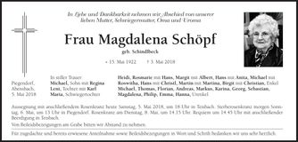 Traueranzeige Magdalena Schöpf