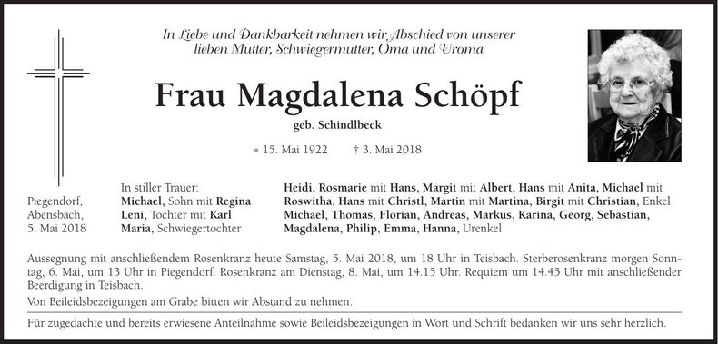 Traueranzeige Magdalena Schöpf