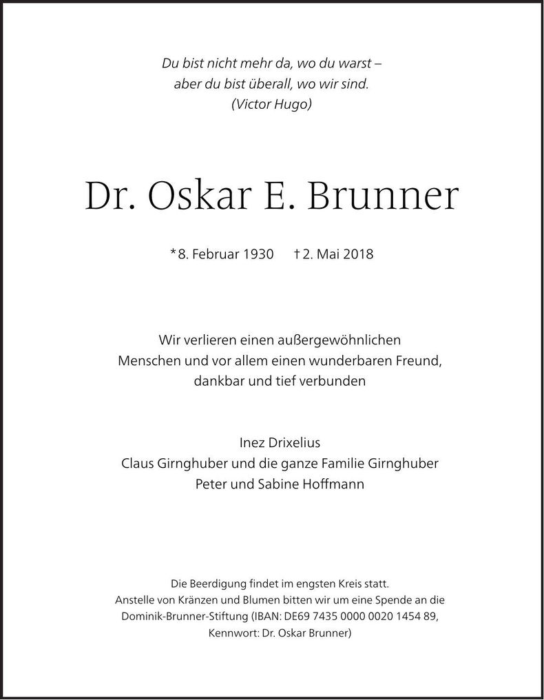 Traueranzeige Oskar Dr. Brunner
