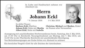 Traueranzeige Johann Eckl