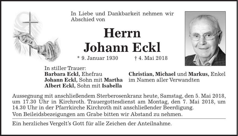 Traueranzeige Johann Eckl