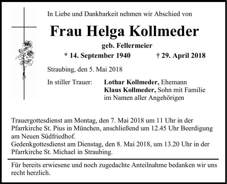 Traueranzeige Helga Kollmeder