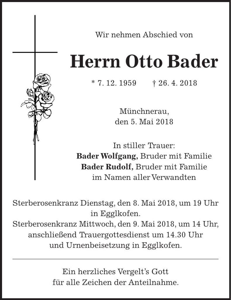 Traueranzeige Otto Bader