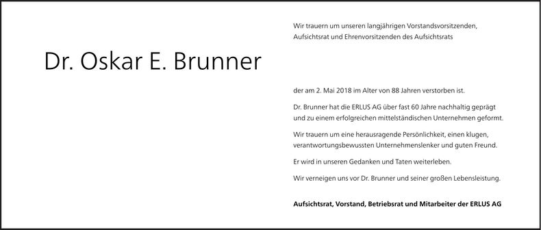 Traueranzeige Oskar Dr. Brunner