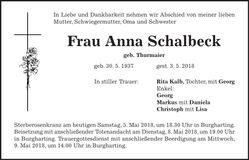 Traueranzeige Anna Schalbeck