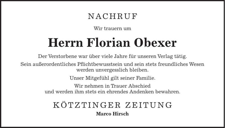 Traueranzeige Florian Obexer
