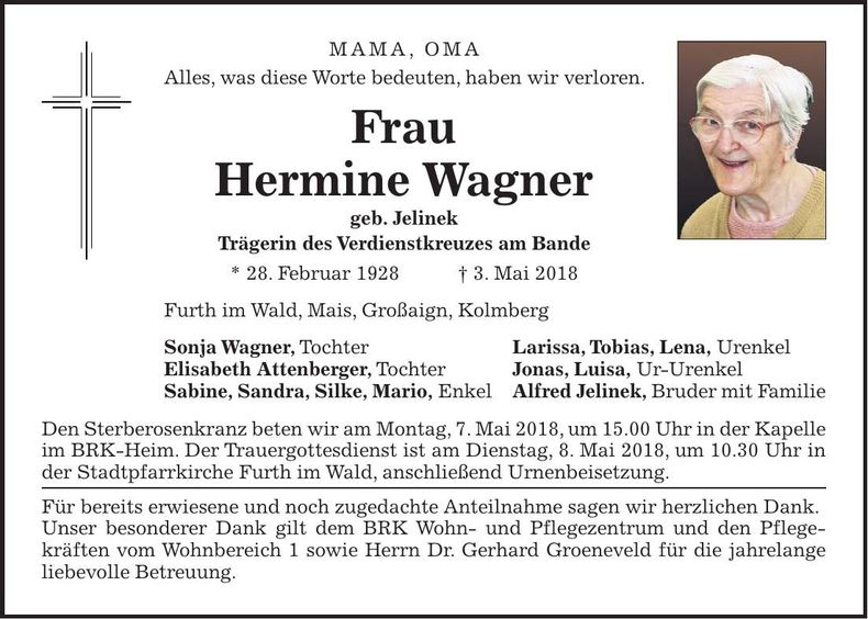 Traueranzeige Hermine Wagner