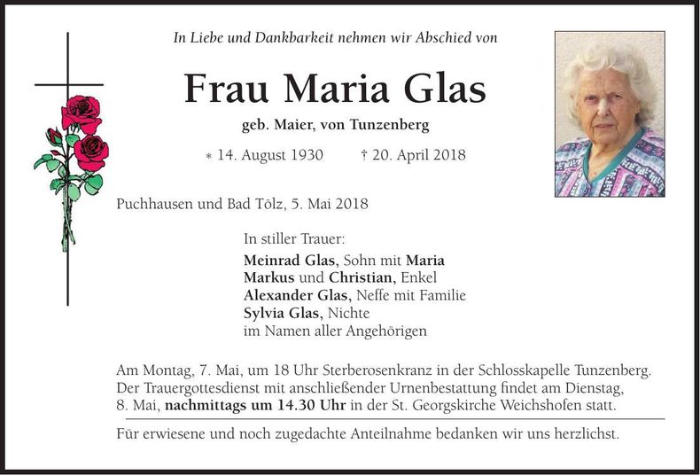 Traueranzeige Maria Glas