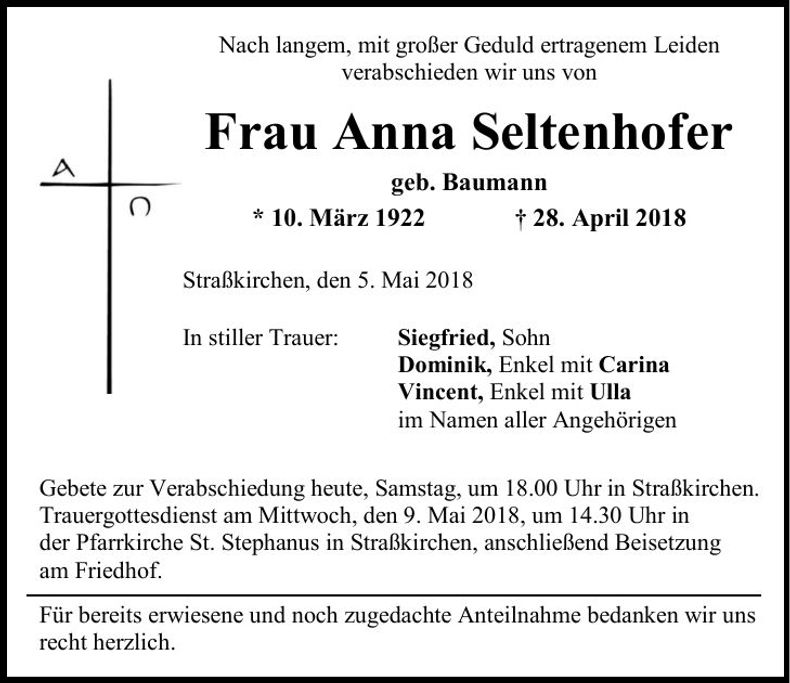 Traueranzeige Anna Seltenhofer