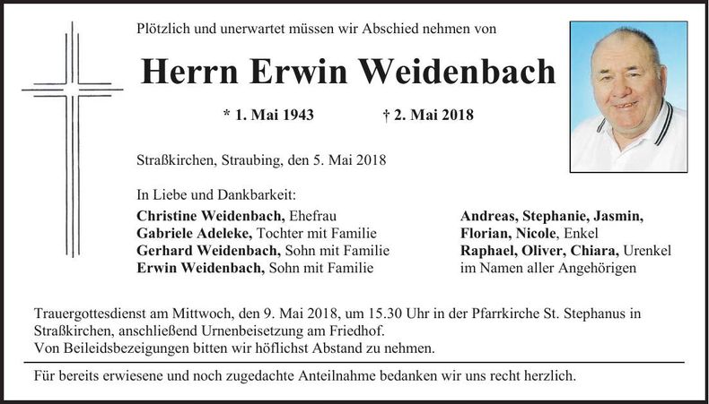 Traueranzeige Erwin Weidenbach