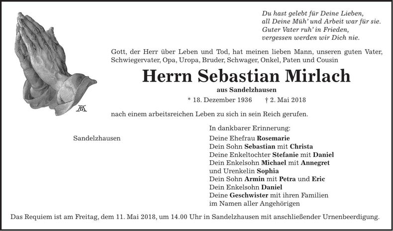Traueranzeige Sebastian Mirlach