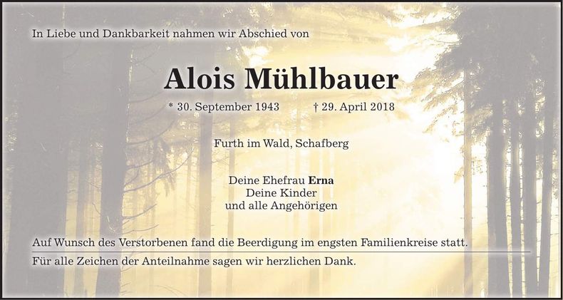 Traueranzeige Alois Mühlbauer