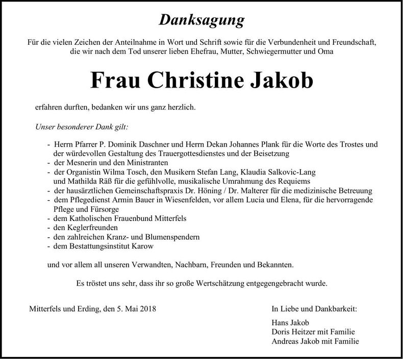 Traueranzeige Christine Jakob