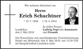 Traueranzeige Erich Schachtner