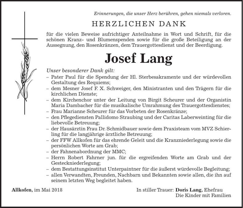 Traueranzeige Josef Lang