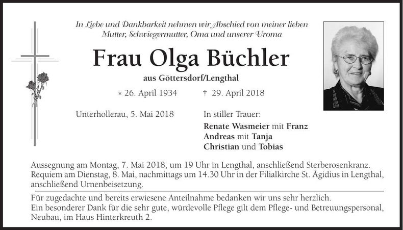 Traueranzeige Olga Büchler