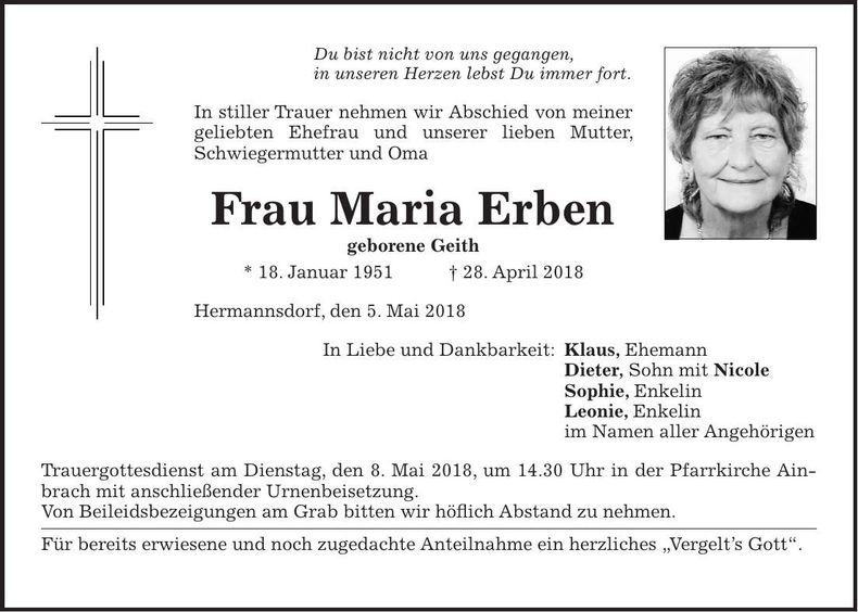 Traueranzeige Maria Erben