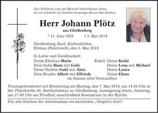Traueranzeige Johann Plötz