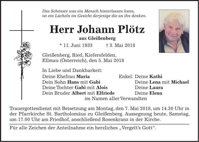 Traueranzeige Johann Plötz