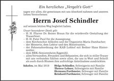 Traueranzeige Josef Schindler