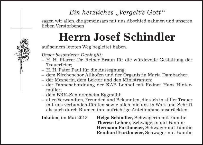 Traueranzeige Josef Schindler