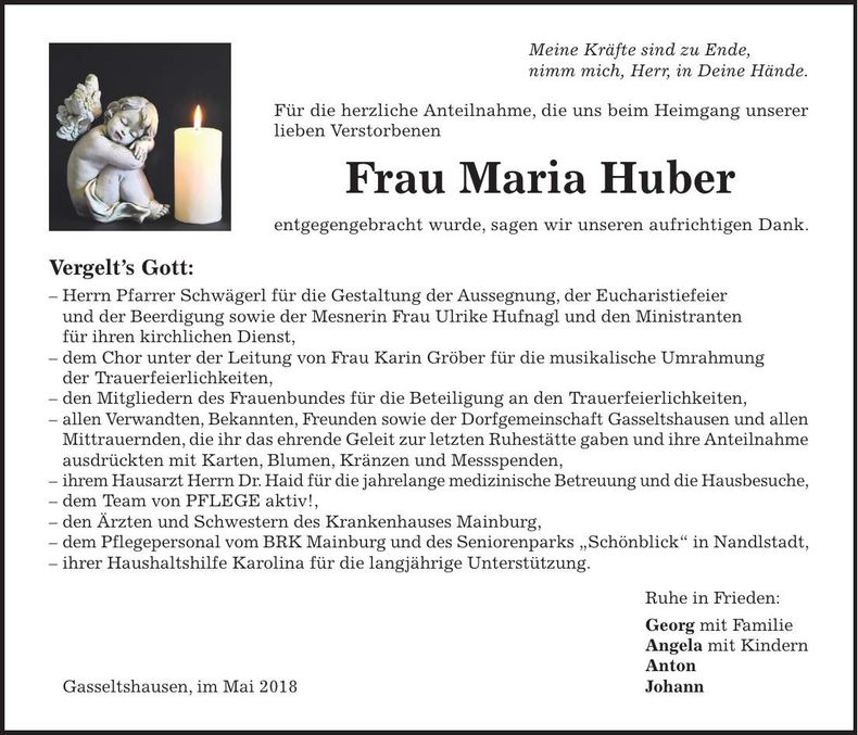 Traueranzeige Maria Huber
