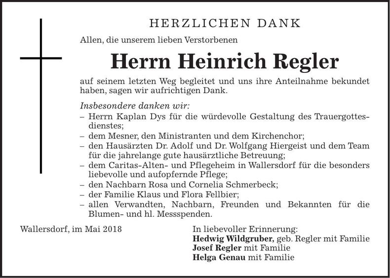 Traueranzeige Heinrich Regler