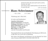 Traueranzeige Hans Schwimmer