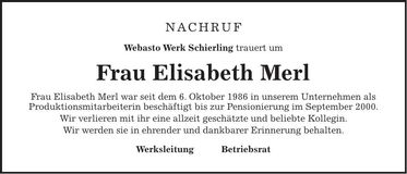 Traueranzeige Elisabeth Merl