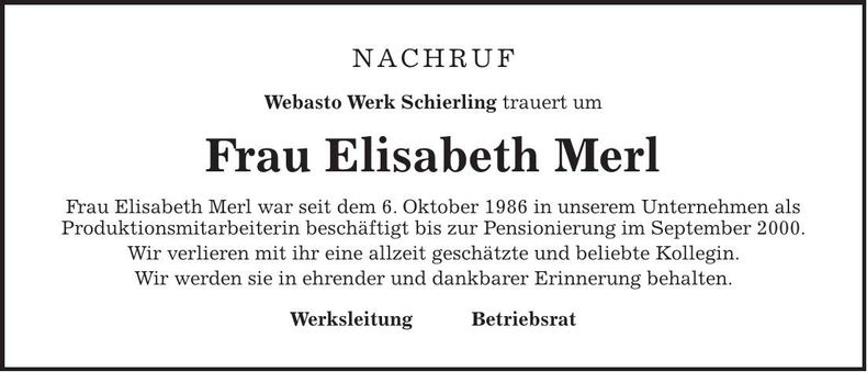 Traueranzeige Elisabeth Merl
