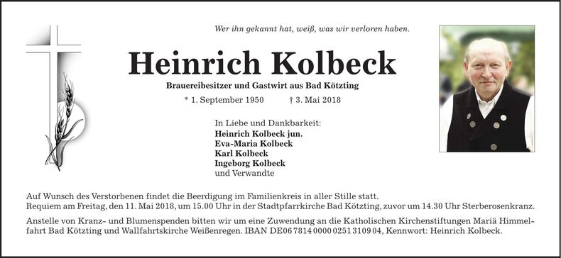 Traueranzeige Heinz Kolbeck