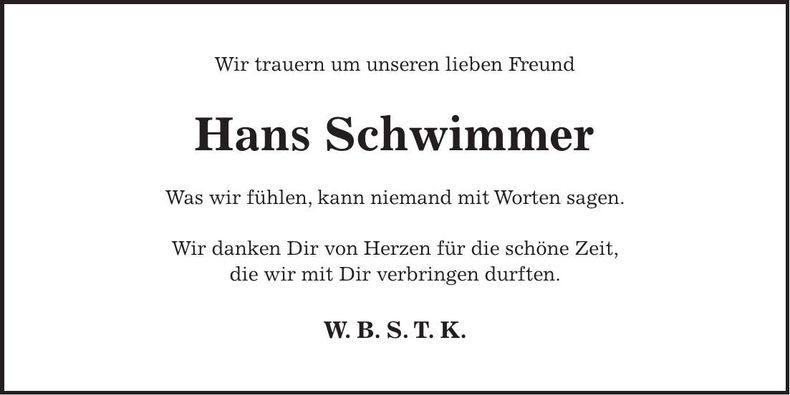 Traueranzeige Hans Schwimmer