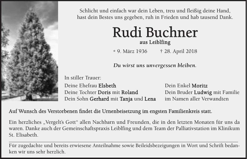 Traueranzeige Rudi Buchner