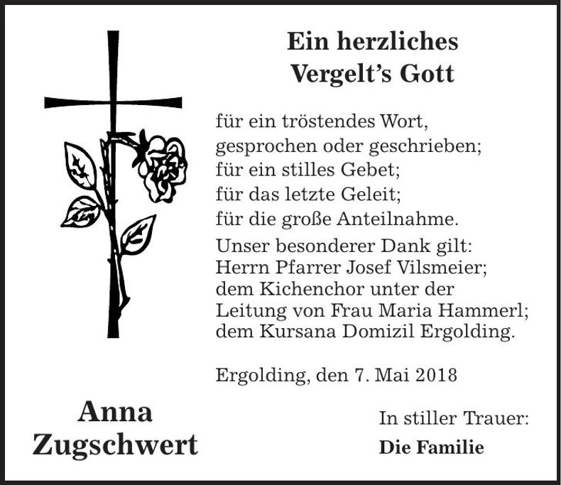 Traueranzeige Anna Zugschwert