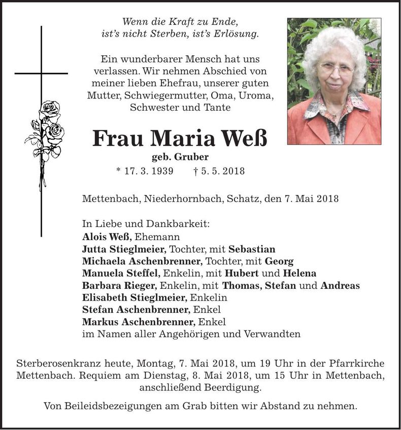 Traueranzeige Maria Weß