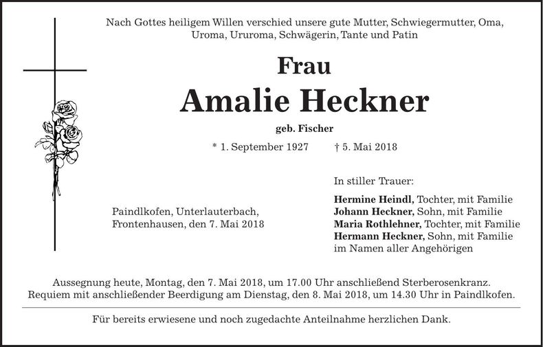 Traueranzeige Amalie Heckner