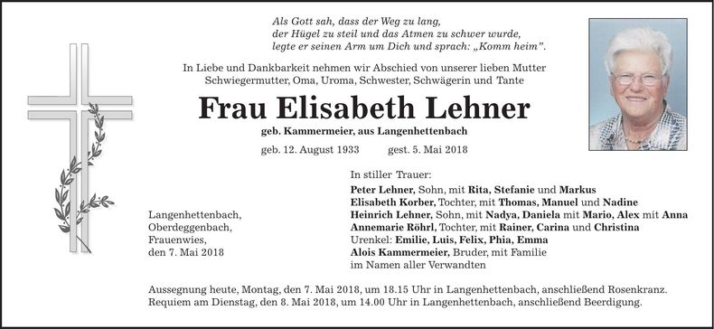 Traueranzeige Elisabeth Lehner