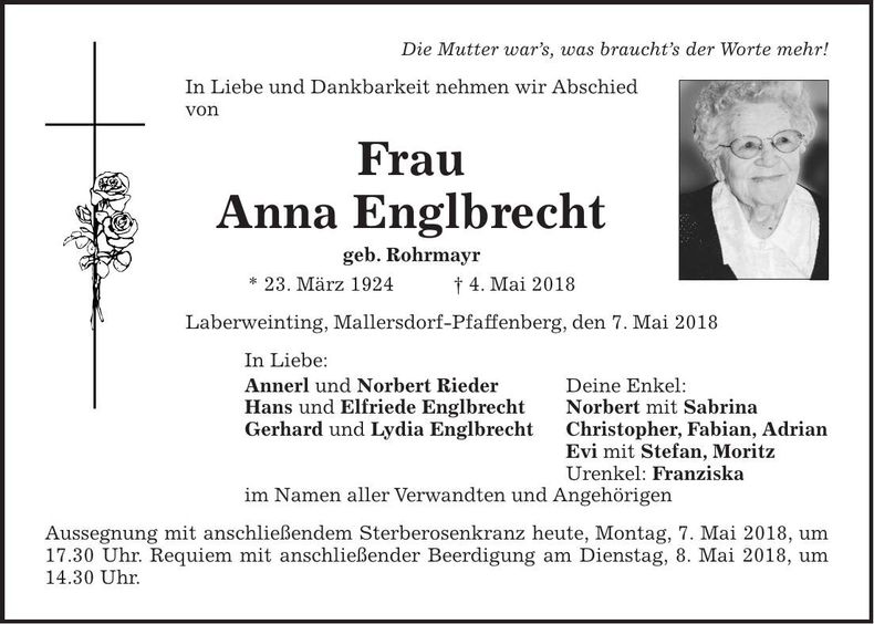 Traueranzeige Anna Englbrecht