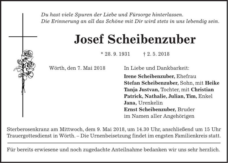 Traueranzeige Josef Scheibenzuber