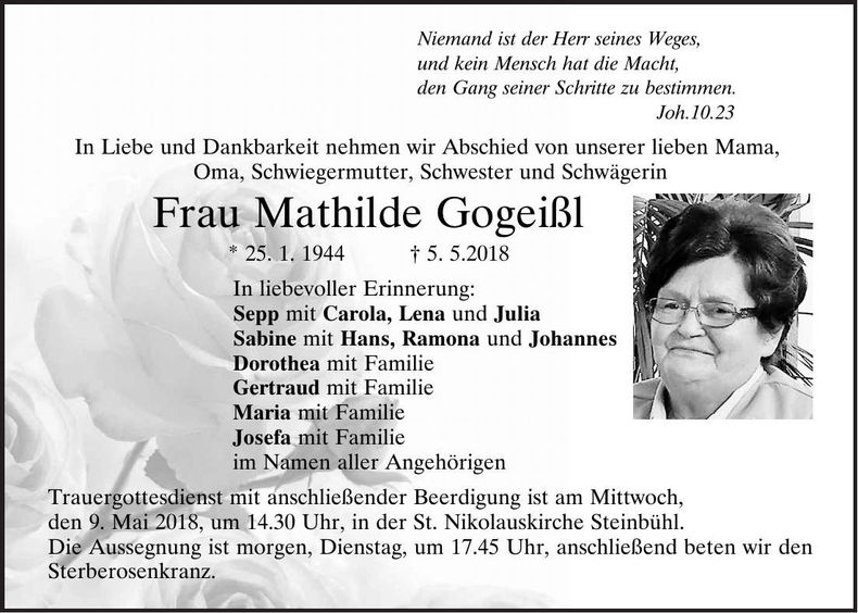Traueranzeige Mathilde Gogeißl
