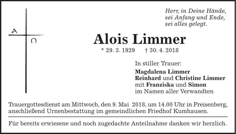 Traueranzeige Alois Limmer