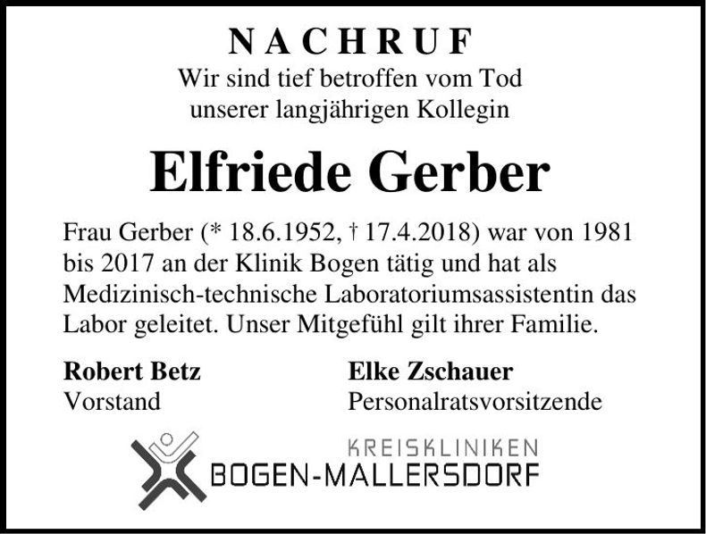 Traueranzeige Elfriede Gerber