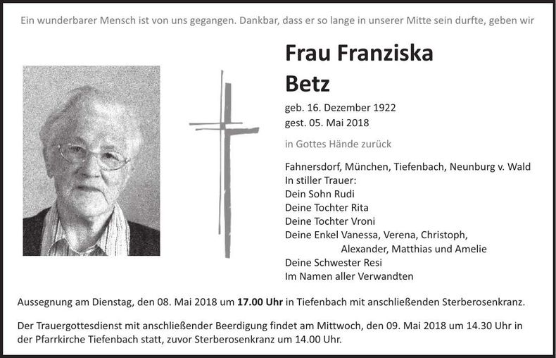 Traueranzeige Franziska Betz